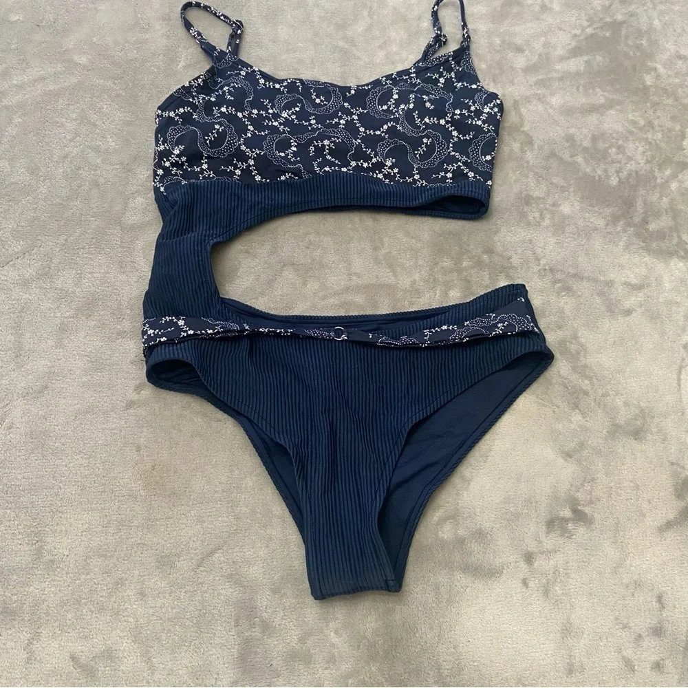 New! Frankie’s Bikinis Thea Ribbed One-piece Swimsuit navy blue 24128